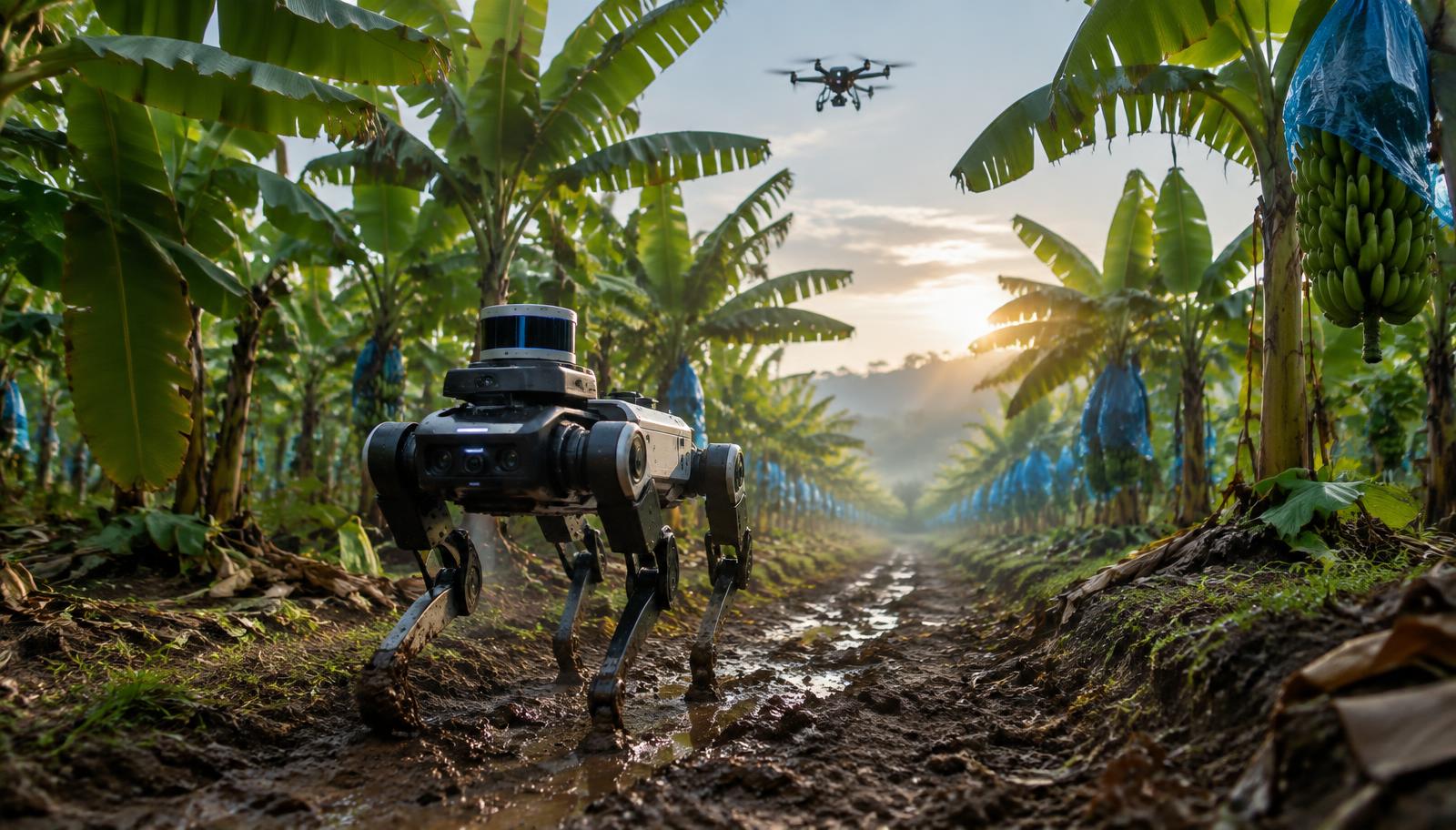 Robot quadrupède dans une allée de bananiers